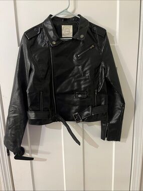 Stio Black Faux Leather Moto Jacket with Asymmetrical Zip
